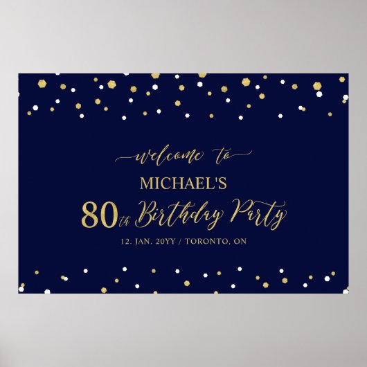 Gold & Navy Confetti 80th Birthday Party Welcome Poster (Voorkant)