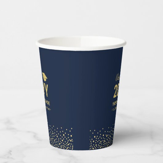 Gold & Navy Confetti Graduation Party Papieren Bekers (Links)