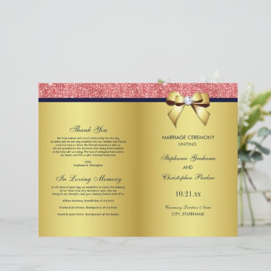 Gold Navy Coral Sequins Bow Wedding Programme (Staand voorkant)