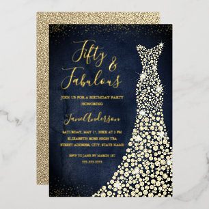 Gold Navy Dress 50 & Fabulous Birthday Folie Invit Folie Uitnodiging