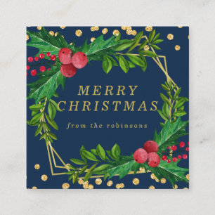 Gold Navy Family Merry kerst Holly Glitter Vierkante Visitekaartje