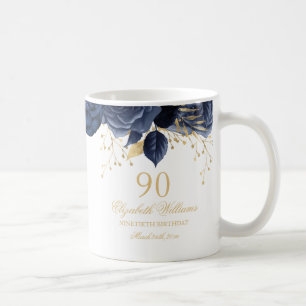 Gold Navy Floral Roos 90e verjaardag Koffiemok