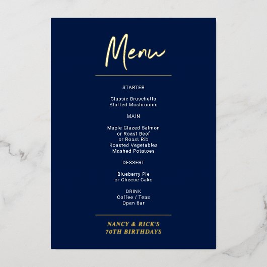 Gold & Navy Modern Lettering Birthday Party Menu Folie Uitnodiging (Voorkant)