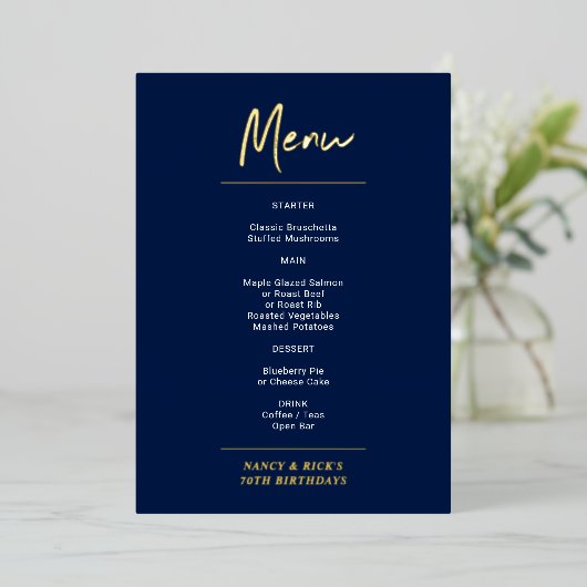 Gold & Navy Modern Lettering Birthday Party Menu Folie Uitnodiging (Staand Voorkant)