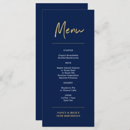 Gold & Navy Modern Letting Menu de fête d'annivers (Devant / Derrière)