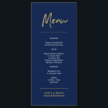 Gold & Navy Modern Letting Menu de fête d'annivers<br><div class="desc">Cette carte de menu moderne présente un script de brosse en faux or et une disposition simple sur un arrière - plan bleu marine. Cette carte de menu ajoutera des détails élégants à la décoration de votre fête d'anniversaire. Vous pouvez customiser le texte et l'utiliser pour n'importe quel dîner. Les...</div>