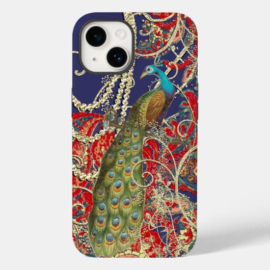 Gold Navy Red Peacock Swirl Case-Mate iPhone Case (Achterkant)
