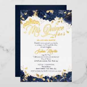 Gold Navy Roos Mis Quince Quinceanera Folie Uitnodiging