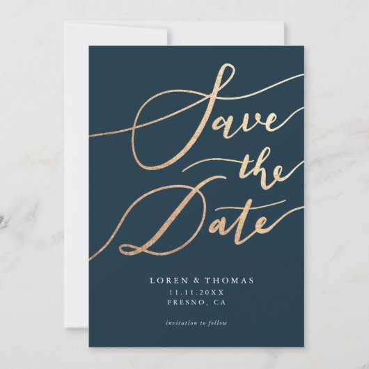 Gold Navy Script Typografie Save The Date (Voorkant)