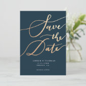Gold Navy Script Typografie Save The Date (Staand voorkant)