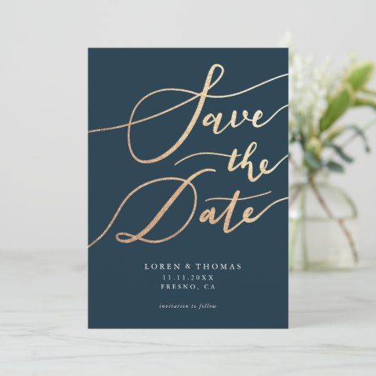 Gold Navy Script Typografie Save The Date (Staand voorkant)