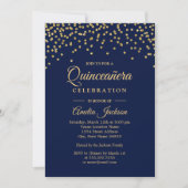 Gold Navy Sparkle Confetti Quinceanera Invitation (Devant)