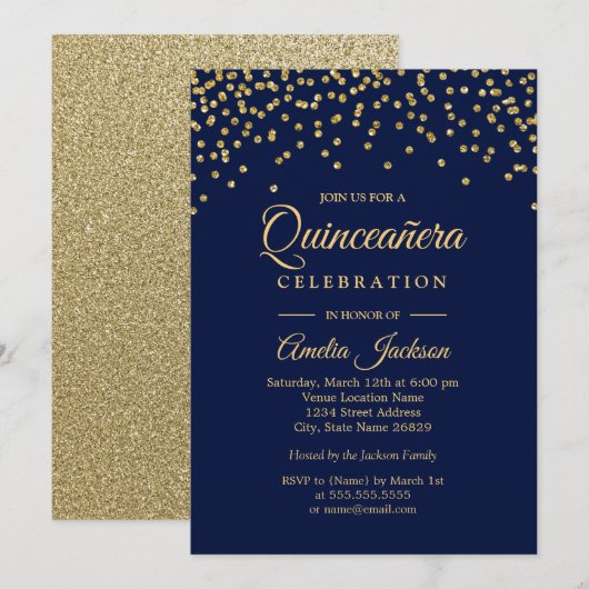 Gold Navy Sparkle Confetti Quinceanera Invitation (Devant / Derrière)