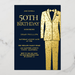 Gold & Navy Suit & Stropdas 50th Birthday Party Folie Uitnodiging