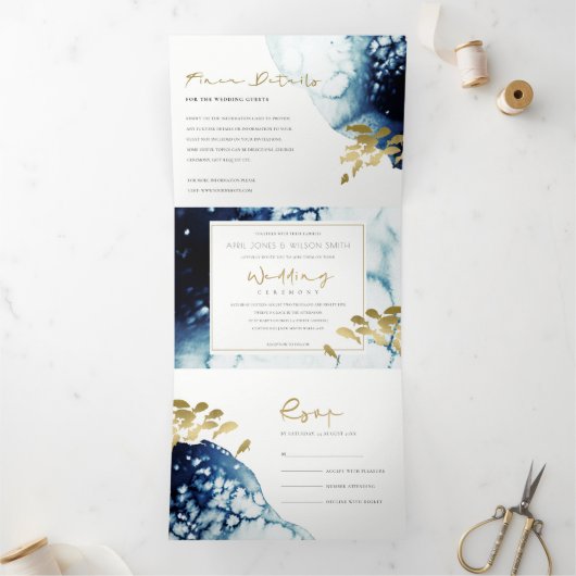 GOLD NAVY UNDERWATER ZEE FISH WATERVERF WEDING DRIELUIK UITNODIGING (Binnen)