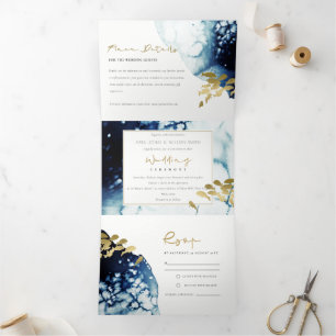 GOLD NAVY UNDERWATER ZEE FISH WATERVERF WEDING T DRIELUIK UITNODIGING