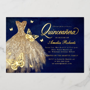 Gold Navy Vlinderjurk Quinceanera Folie Invita Uitnodiging