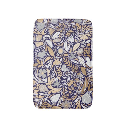 Gold Navy White Floral Leaf Illustration Pattern Badmat (Voorkant Verticaal)