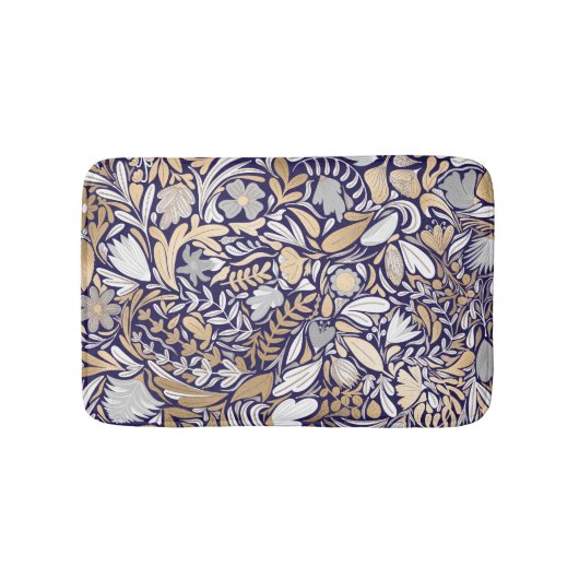 Gold Navy White Floral Leaf Illustration Pattern Badmat (Voorkant)