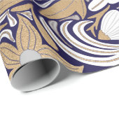 Gold Navy White Floral Leaf Illustration Pattern Cadeaupapier (Rol Hoek)