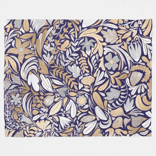 Gold Navy White Floral Leaf Illustration Pattern Fleece Deken (Voorkant (Horizontaal))