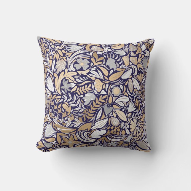 Gold Navy White Floral Leaf Illustration Pattern Kussen (Voorkant)