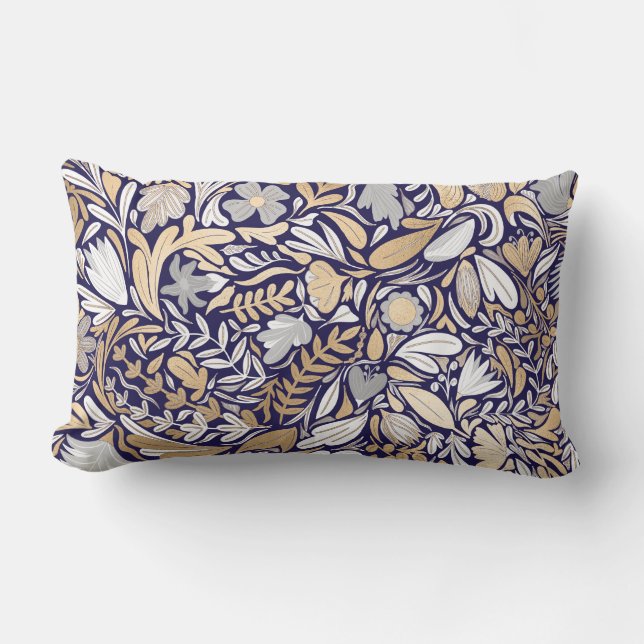 Gold Navy White Floral Leaf Illustration Pattern Kussen (Voorkant)