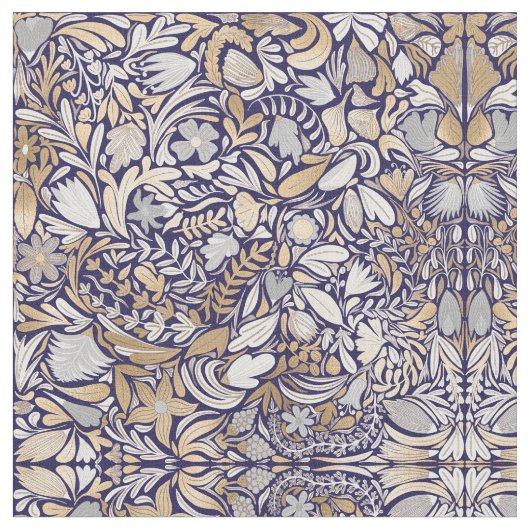 Gold Navy White Floral Leaf Illustration Pattern Stof (Close Up)