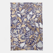 Gold Navy White Floral Leaf Illustration Pattern Theedoek (Verticaal)