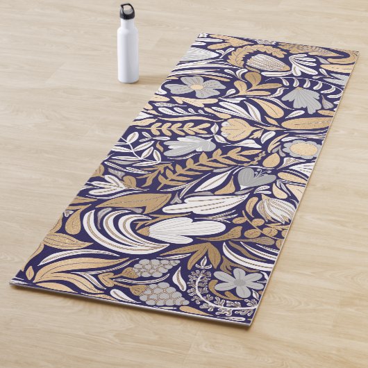 Gold Navy White Floral Leaf Illustration Pattern Yogamat (In situ)