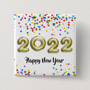 Gold New Year 2022 Balloons Colorful Confetti Vierkante Button 5,1 Cm