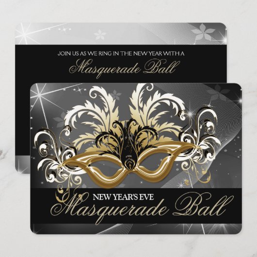 Gold New Years Eve Masquerade Ball Kaart (Voorkant / Achterkant)