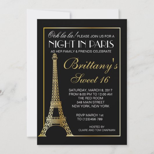 Gold Night in Paris Sweet 16 Custom Invitation Kaart (Voorkant)