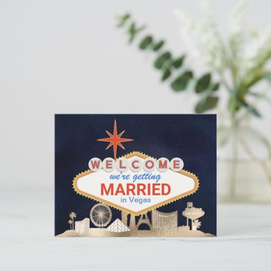 Gold Night Skyline Las Vegas Bruiloft Save the Dat Briefkaart (Staand voorkant)