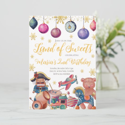 Gold Nutcracker Toys Birthday Invitation Kaart (Staand voorkant)