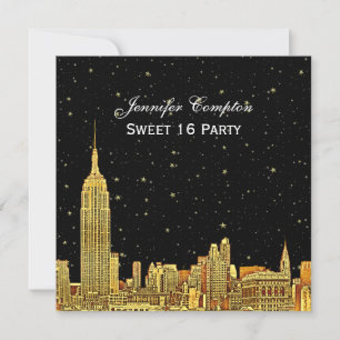 Gold NYC Skyline Etch Starry BG Color Sweet 16 Kaart
