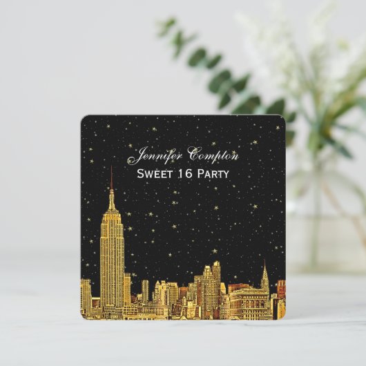 Gold NYC Skyline Etched Starry Sky SQ Sweet 16 Kaart (Staand voorkant)