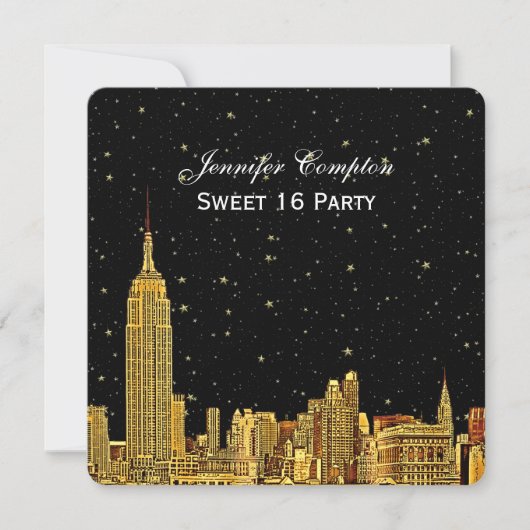Gold NYC Skyline Etched Starry Sky SQ Sweet 16 Kaart (Voorkant)