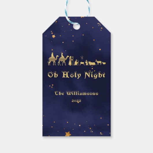 Gold Oh Heilige Naight Starry Skies Kerstmis Cadeaulabel (Voorkant)