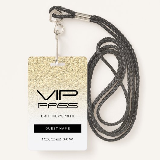 Gold Ombre Glitter Glam VIP Pass 18e uitnodiging Badge (Voorkant met draagriem)