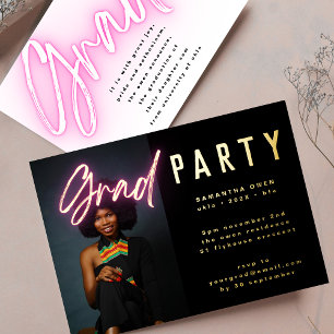 GOLD Ombre Roze Neon Elegante Afstudeer Foto Feest Folie Uitnodiging