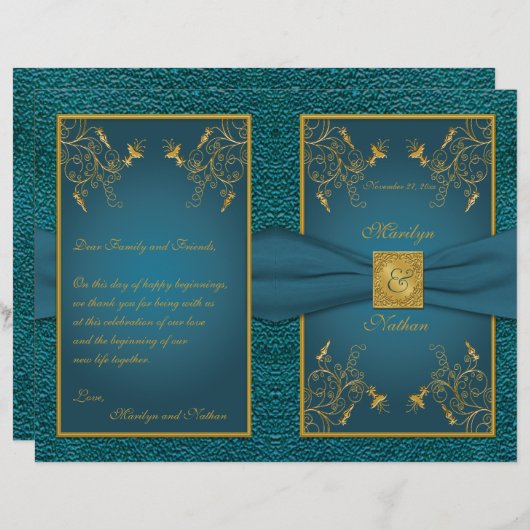 Gold on Blauwgroen Wedding Program (Voorkant / Achterkant)