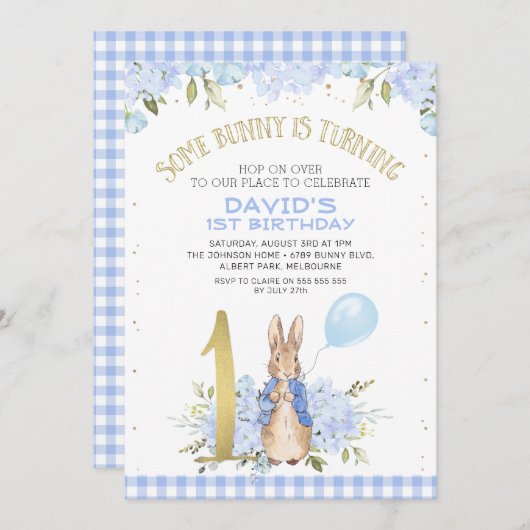 Gold One Blue Floral Peter Rabbit 1e verjaardag Kaart (Voorkant / Achterkant)