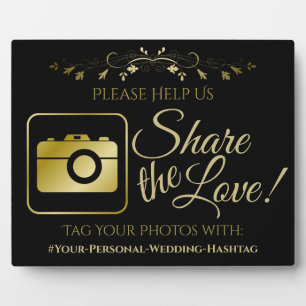 Gold op Black Wedding Photo Share Hashtag Sign Fotoplaat