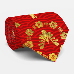 Gold op Red Lucky Chinese Symbols Pattern Stropdas