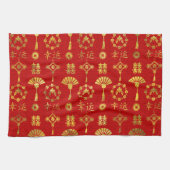 Gold op Red Lucky Chinese Symbols Pattern Theedoek (Horizontaal)