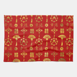 Gold op Red Lucky Chinese Symbols Pattern Theedoek