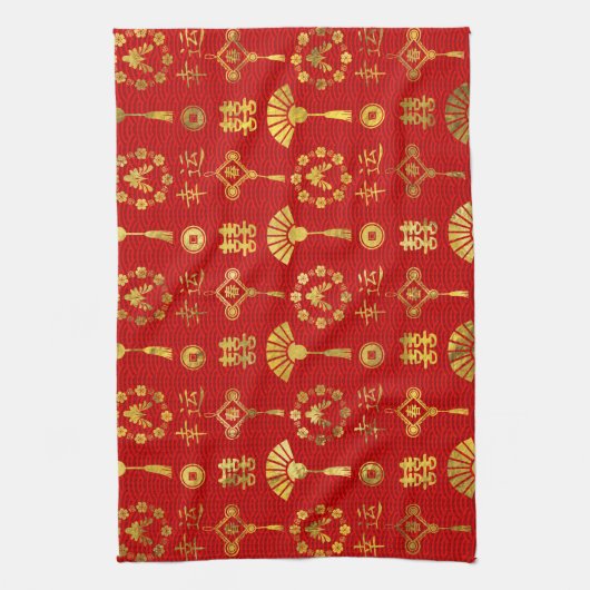 Gold op Red Lucky Chinese Symbols Pattern Theedoek (Verticaal)