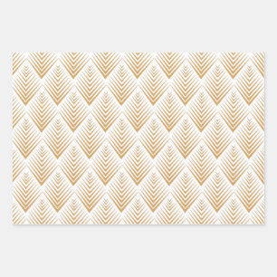 Gold op White Art Deco Fan Flowers Pattern Inpakpapier Vel