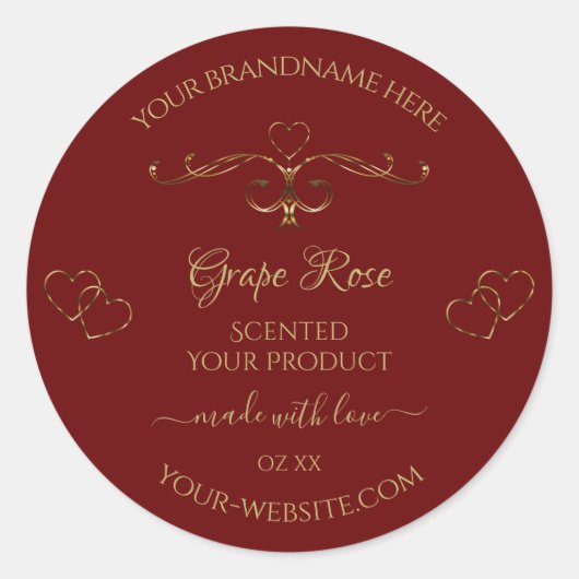 Gold Ornamental Hearts op Donkerrode etiketten van (Voorkant)